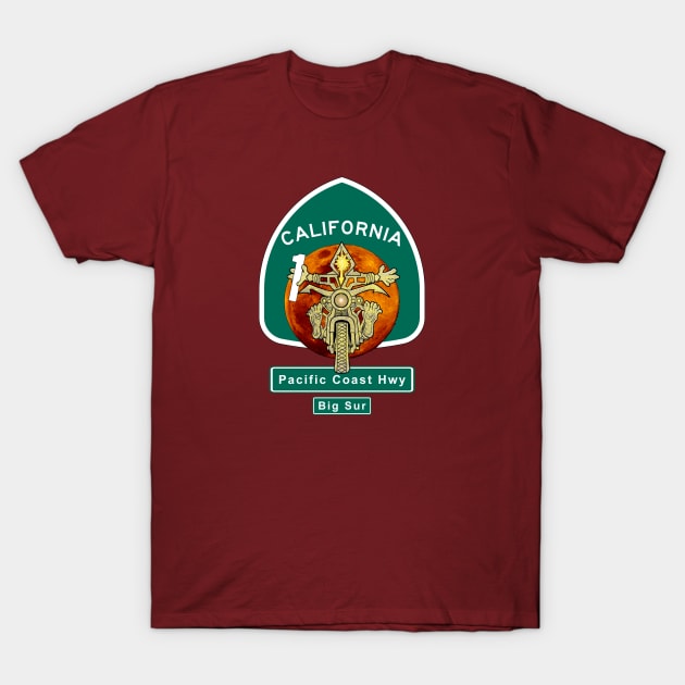 Motorcyclist at Big Sur California Highway One Red Moon T-Shirt by The Witness